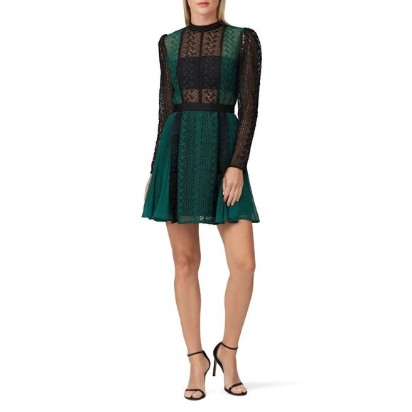 Self-Portrait Dresses & Skirts - COPY - Self-Portrait Green Black Printed Lace Pleated Mini Dress Long Sleeve Si…